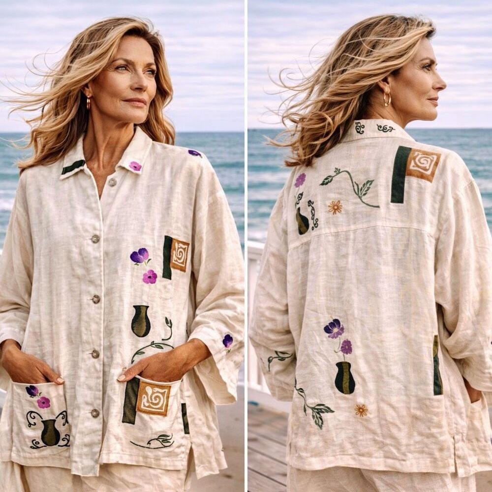 Play Alegre Flax Linen Hand Painted Jacket Art Shirt Sz S Oversized USA Coastal